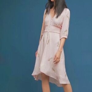 Anthropologie McGuire Light Pink Floral Embroidery Hi Low Beach Dress Size LARGE